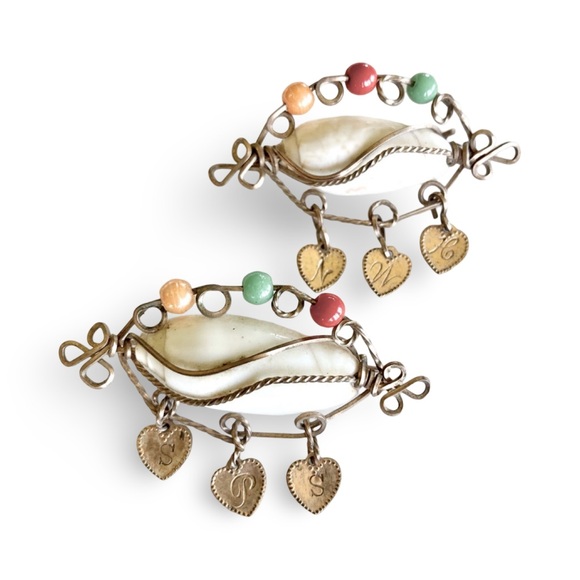 Vintage Jewelry - Vintage Wire Wrapped Shell Initials Brooch (Pair) Handmade Heirloom Jewelry